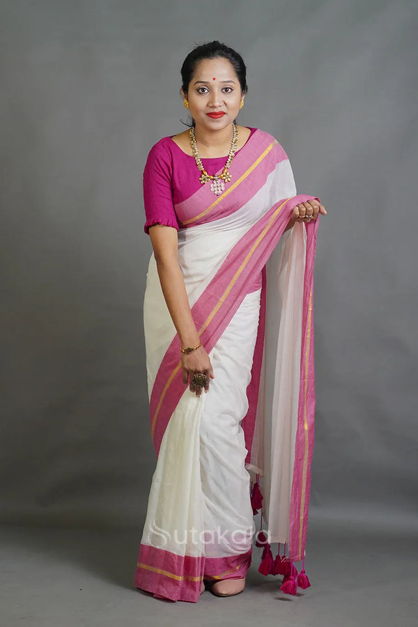 Off-White Cotton Saree with Pink Border & Elegant Thread Work Detailing
