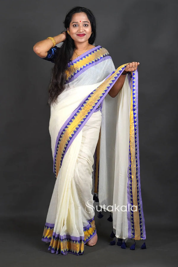 Off-White Cotton Saree with Blue Border & Elegant Thread Work
