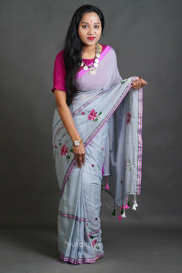 Mul Cotton Saree with Thread Work Embroidery