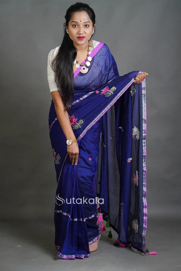 Elegant Cotton Saree with Floral Thread Work & Silver Border