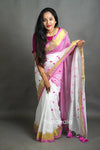 White & Pink Cotton Silk Saree with Handwoven Motifs and Gold Border