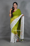 Green Cotton Saree with White Floral Thread Work