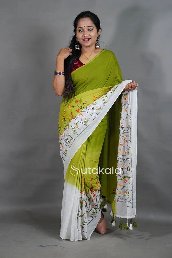 Green Cotton Saree with White Floral Thread Work