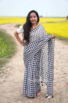 Black & White Checked Cotton Saree with Tassel Pallu