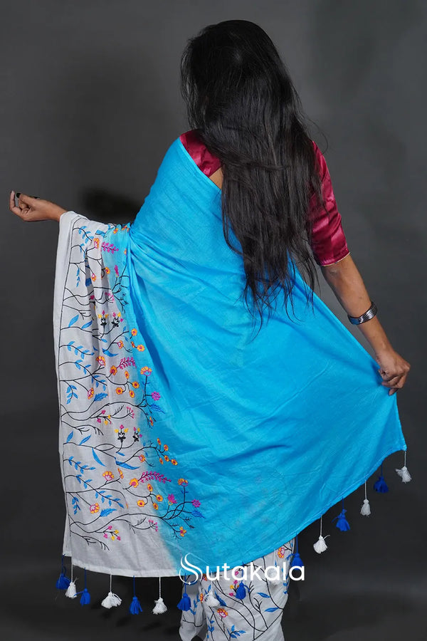 Sky blue Cotton Saree with White Floral Thread Work