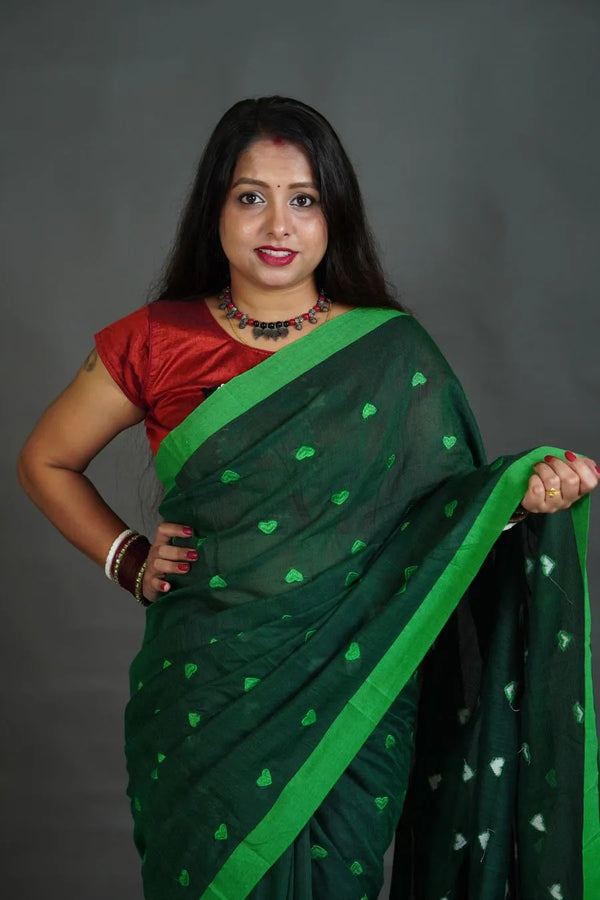 Deep Green Women's Khadi Cotton Saree with Heart Motif & Contrast Border