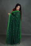 Deep Green Women's Khadi Cotton Saree with Heart Motif & Contrast Border