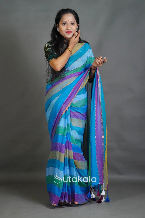 Pastel Multicolor Striped Cotton Saree with Pompom Pallu