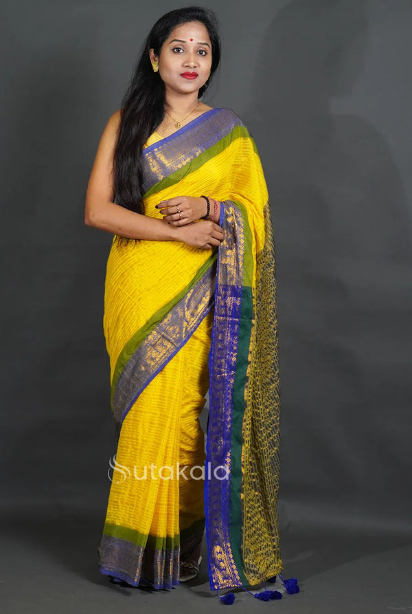 Mustard Yellow Cotton Saree with Blue & Green Woven Border