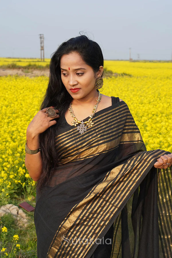Black Malmal Cotton Saree with Golden Striped Border