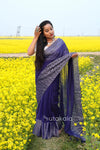 Blue Malmal Cotton Saree with White Striped Border