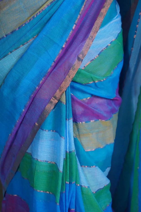 Pastel Multicolor Striped Cotton Saree with Pompom Pallu