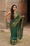 Green Malmal Cotton Saree with Golden Striped Border