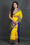 Mustard Yellow Cotton Saree with Blue & Green Woven Border
