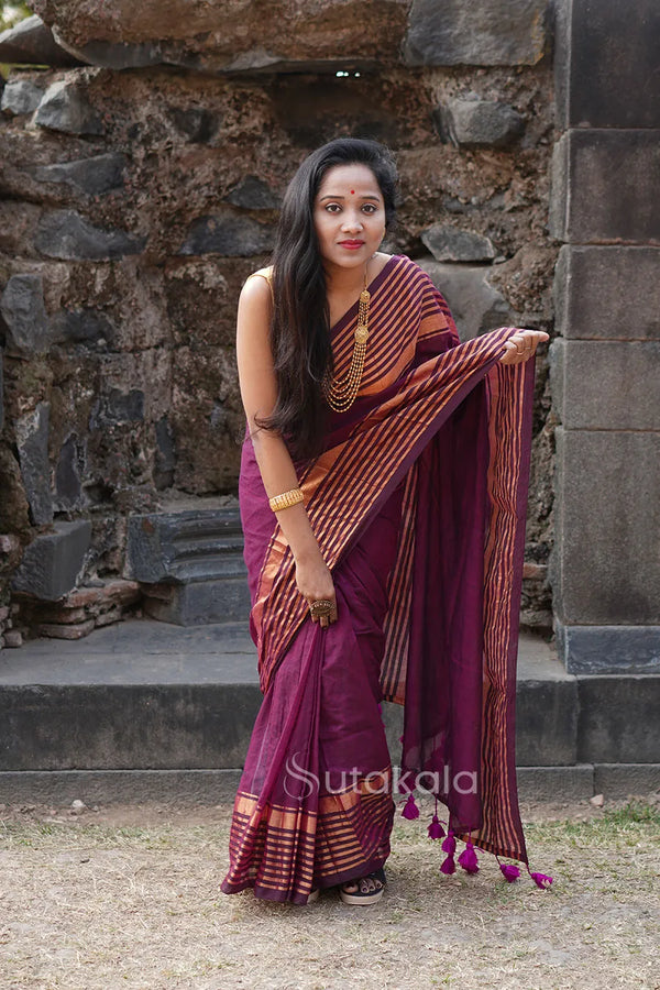 Purple Malmal Cotton Saree with Golden Striped Border