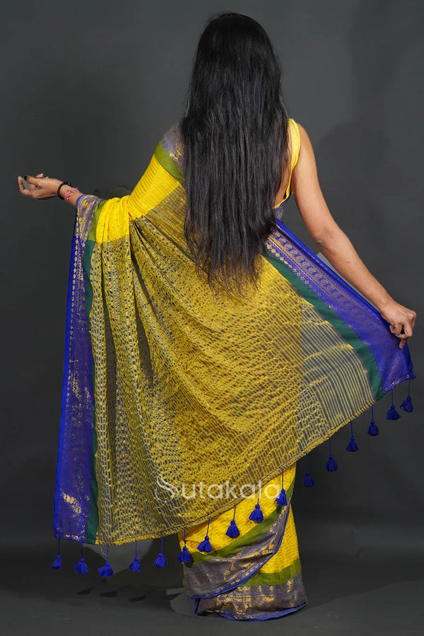 Mustard Yellow Cotton Saree with Blue & Green Woven Border