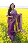 Purple Malmal Cotton Saree with White Striped Border