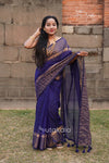 Blue Malmal Cotton Saree with Copper Striped Border