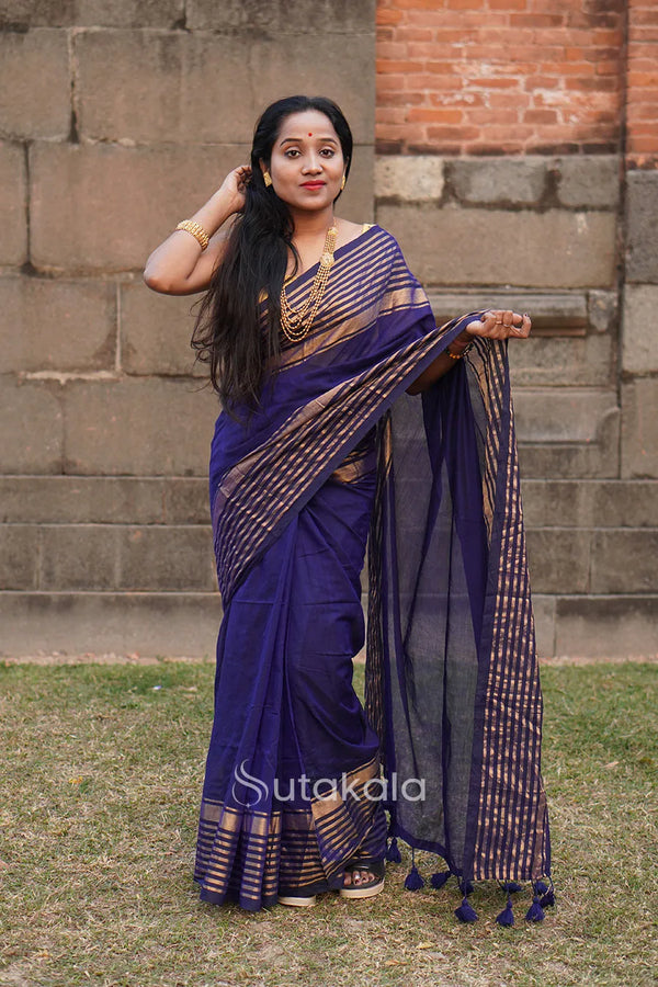 Blue Malmal Cotton Saree with Copper Striped Border