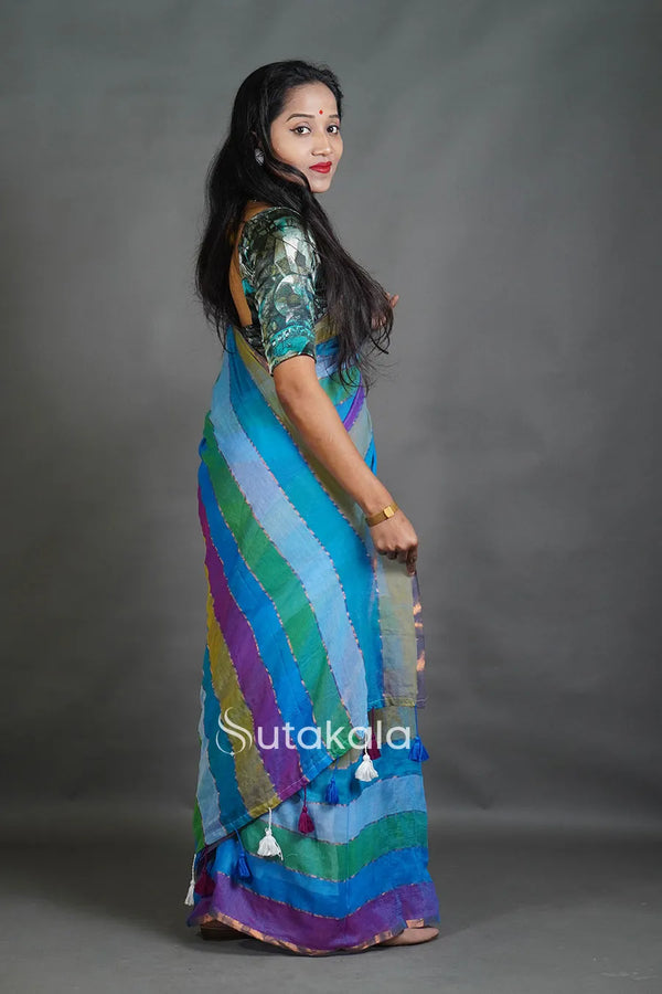 Pastel Multicolor Striped Cotton Saree with Pompom Pallu