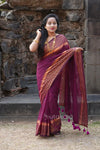 Purple Malmal Cotton Saree with Golden Striped Border