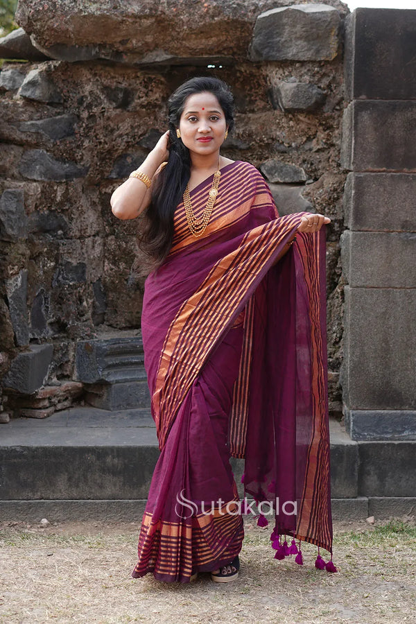 Purple Malmal Cotton Saree with Golden Striped Border