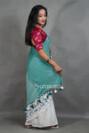Sea Green Cotton Saree with White Floral Thread Work