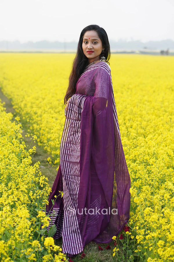 Purple Malmal Cotton Saree with White Striped Border