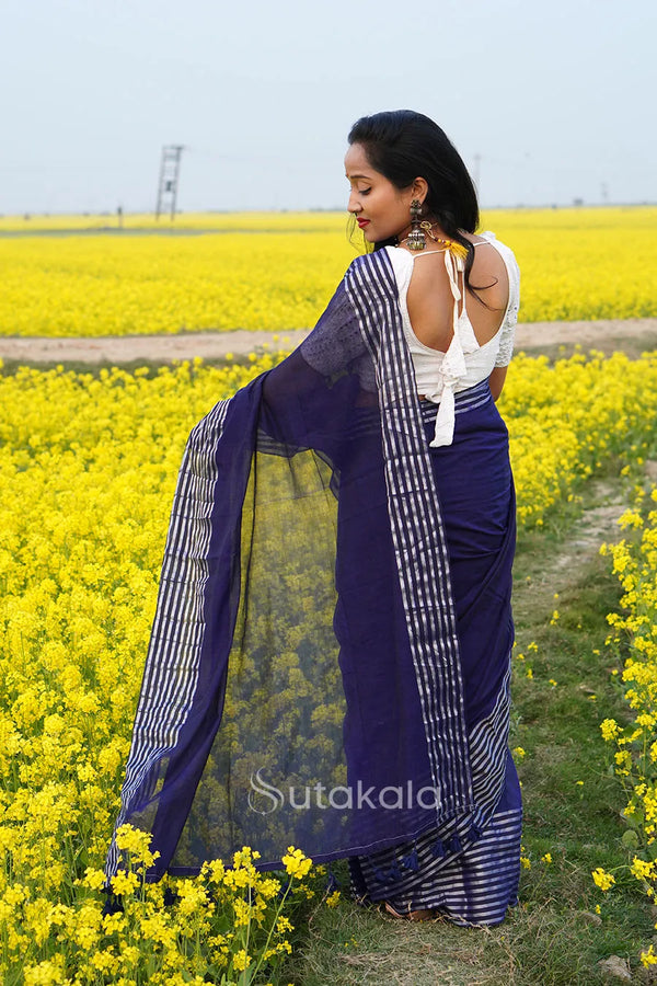 Blue Malmal Cotton Saree with White Striped Border
