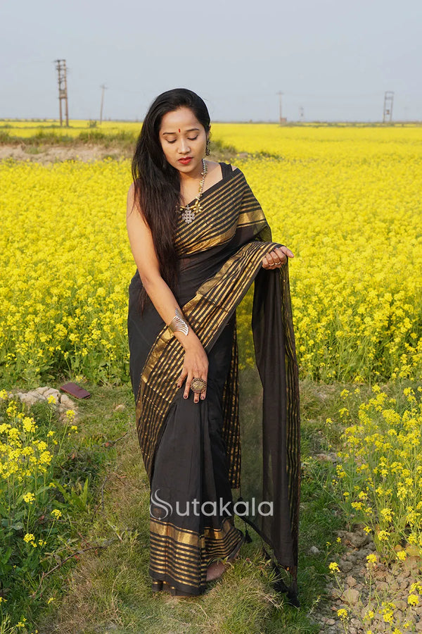 Black Malmal Cotton Saree with Golden Striped Border