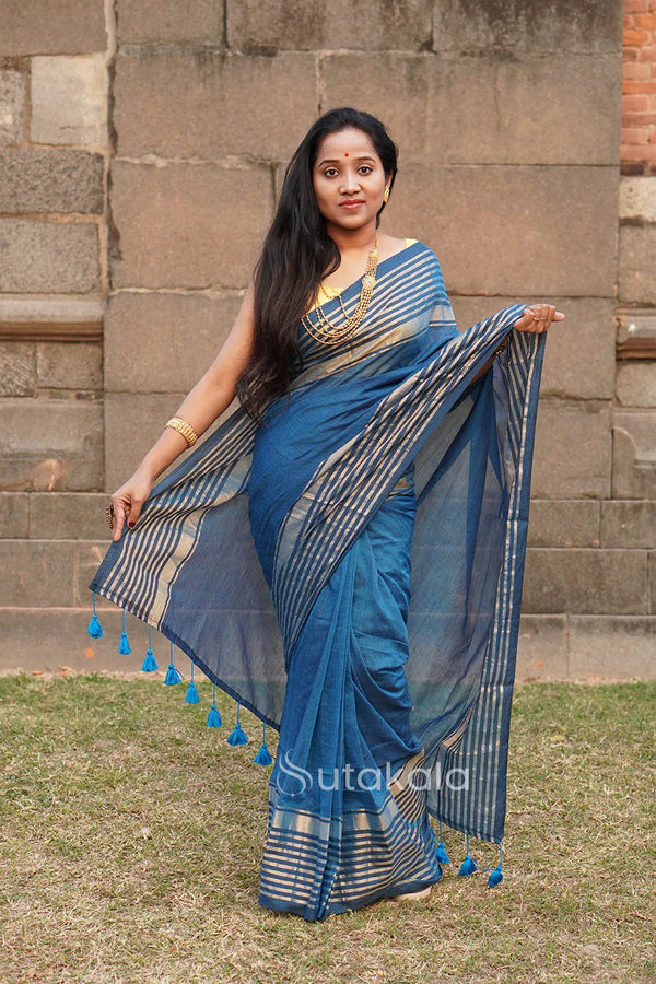 Blue Malmal Cotton Saree with golden Striped Border