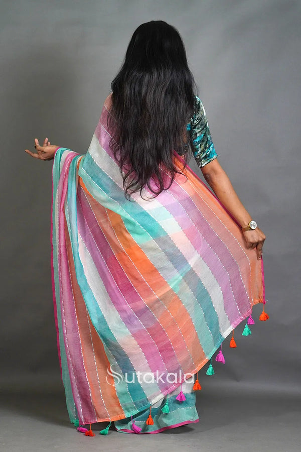 Pastel Multicolor Striped Cotton Saree with Tassel Pallu