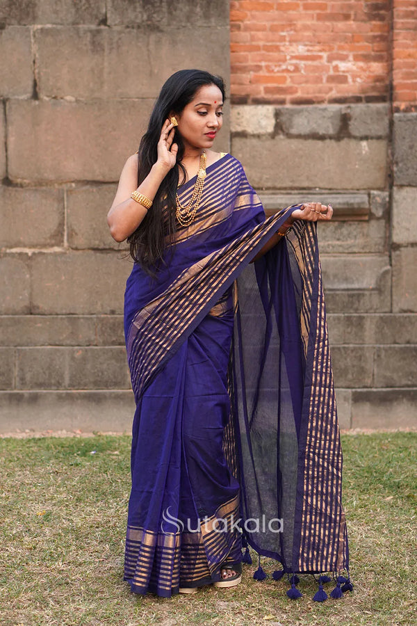 Blue Malmal Cotton Saree with Copper Striped Border