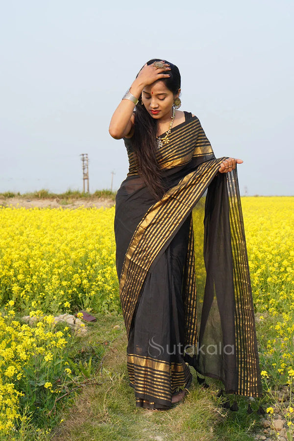 Black Malmal Cotton Saree with Golden Striped Border