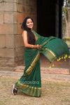 Green Malmal Cotton Saree with Golden Striped Border