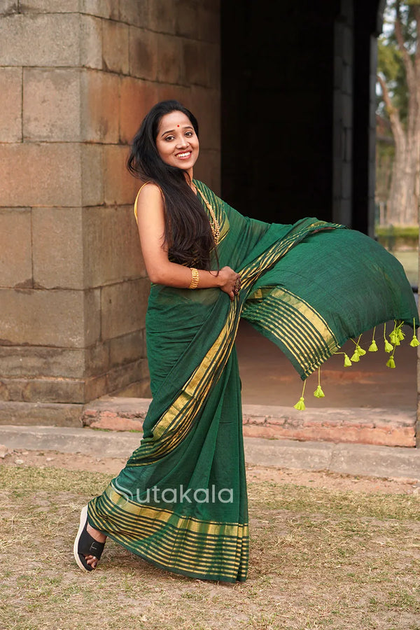 Green Malmal Cotton Saree with Golden Striped Border