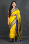 Mustard Yellow Cotton Saree with Blue & Green Woven Border