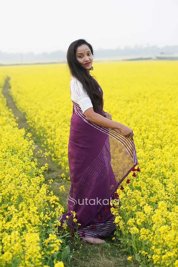 Purple Malmal Cotton Saree with White Striped Border