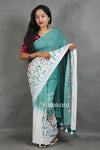 Sea Green Cotton Saree with White Floral Thread Work