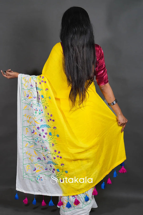 Yellow Cotton Saree with White Floral Thread Work (Copy)