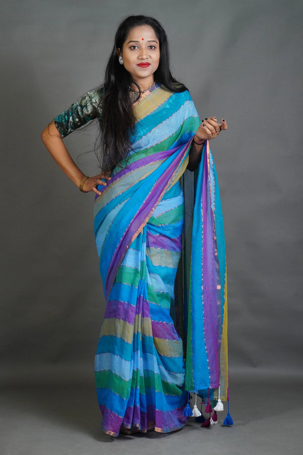 Pastel Multicolor Striped Cotton Saree with Pompom Pallu