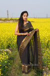 Black Malmal Cotton Saree with Golden Striped Border