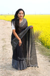 Black Malmal Cotton Saree with White Striped Border
