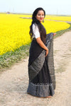Black Malmal Cotton Saree with White Striped Border