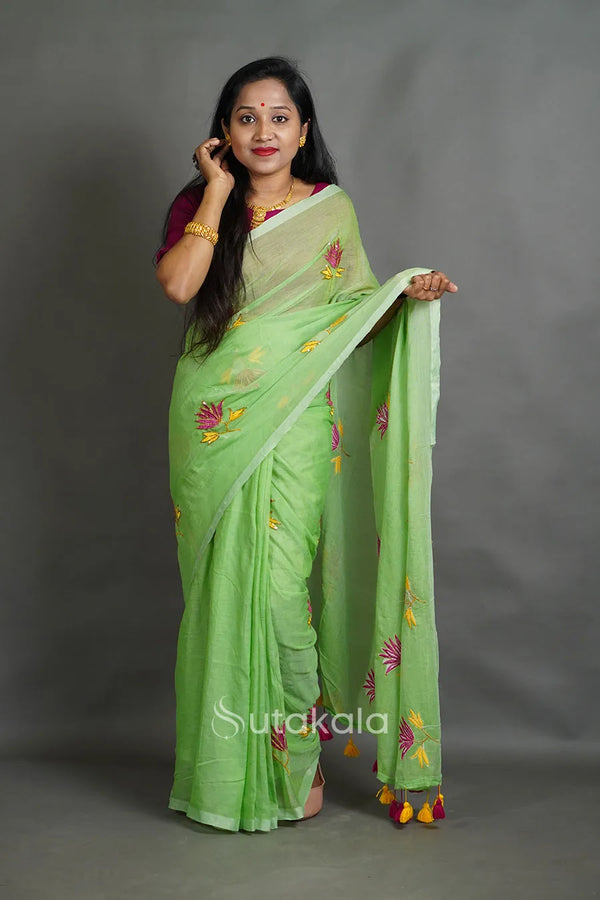 Lotus Sequence Cotton Saree with Floral Thread Work