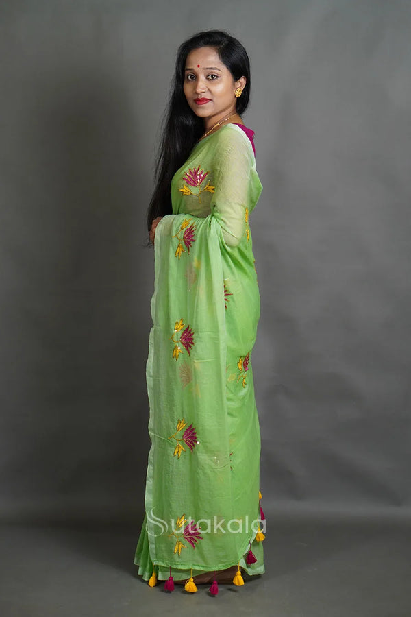 Lotus Sequence Cotton Saree with Floral Thread Work