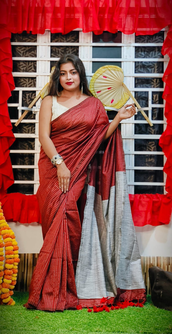 Red Handllom Soft Cotton Stripe Saree