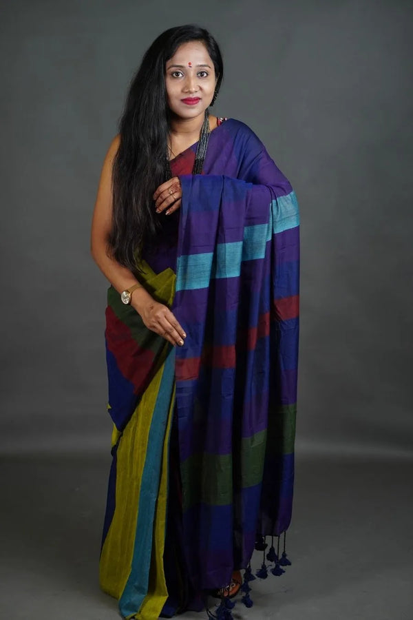 Multicolour Khadi Cotton Saree in Purple Yellow Green