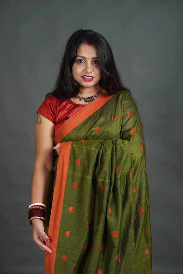 Women's Olive Green Khadi Cotton Saree with Orange Border