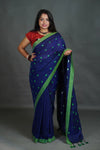Women's Royal Blue Khadi Cotton Saree with Green Border